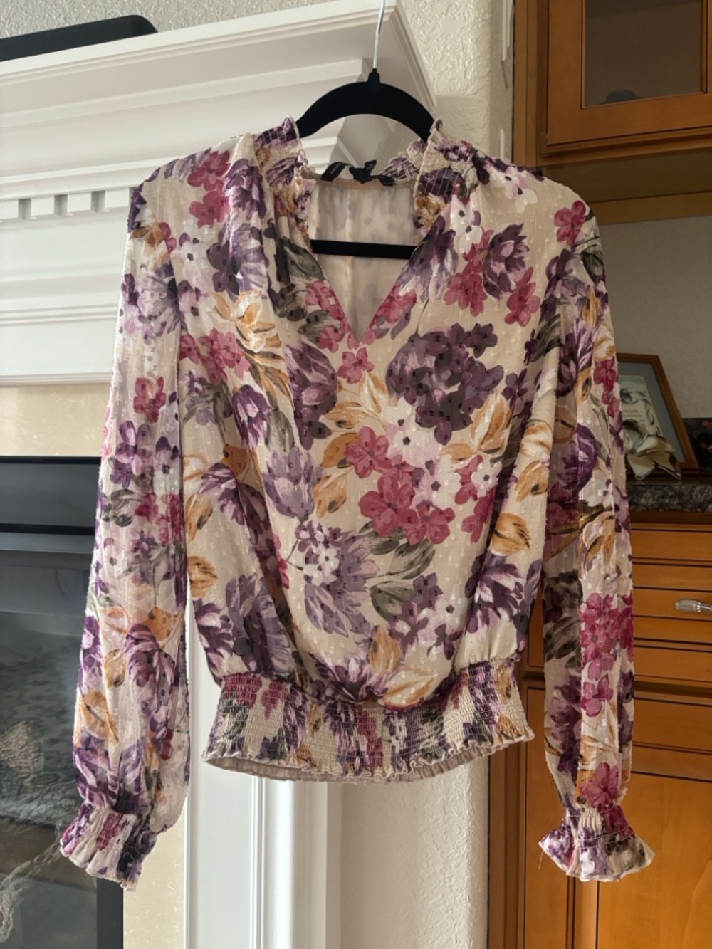 White House Black Market Purple & Multi Floral Smocked-Hem Blouse